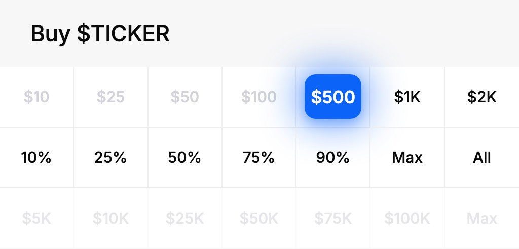 Ticker trade amount selector